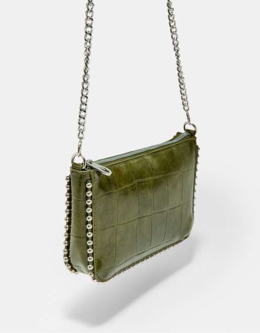 Stradivarius Mini mock croc studded bag in khaki, 4 of 4
