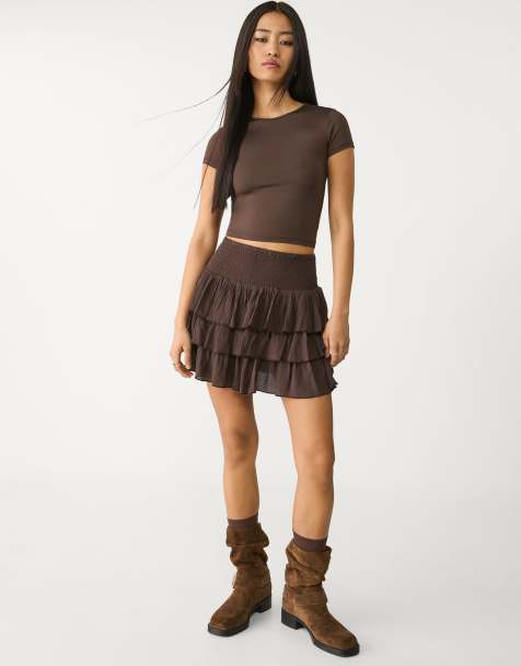 Stradivarius - Mini rok met ruches in bruin - view 1