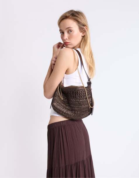 Stradivarius – Mini-Schultertasche in Braun mit Häkeldesign - view 1