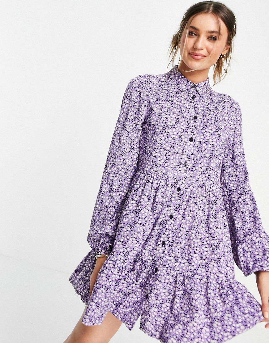 Stradivarius mini shirt dress in lilac and white floral-Multi