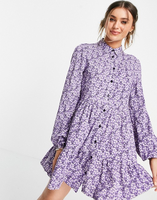 Stradivarius mini shirt dress in lilac and white floral