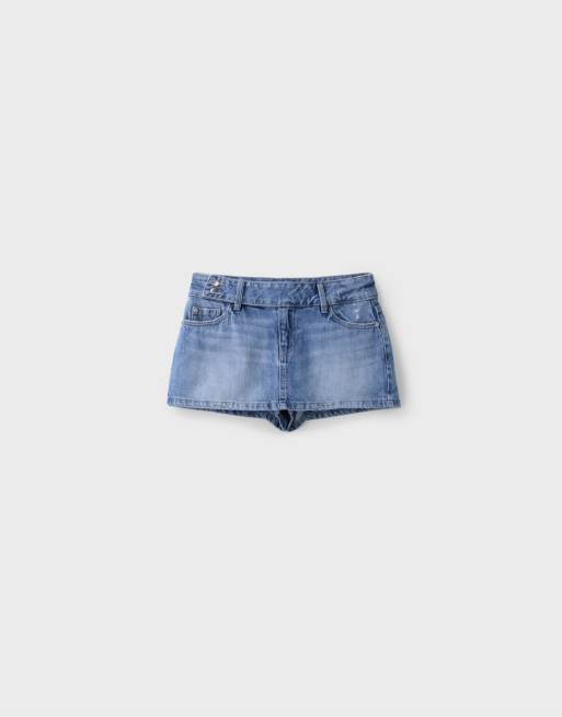 Stradivarius mini skort med hammarhälla i mellanblå denim, 6 av 7
