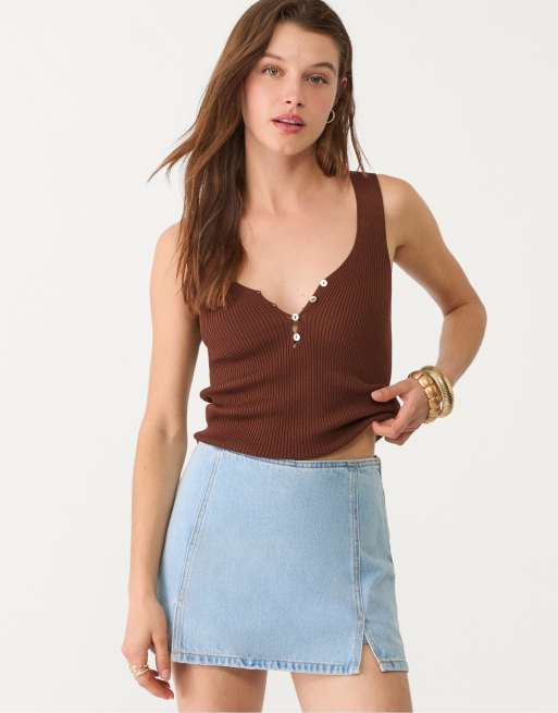 Stradivarius - Mini skort met splitten in blauw denim, 4 van 4