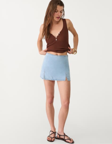 Stradivarius mini skort with slits in blue denim