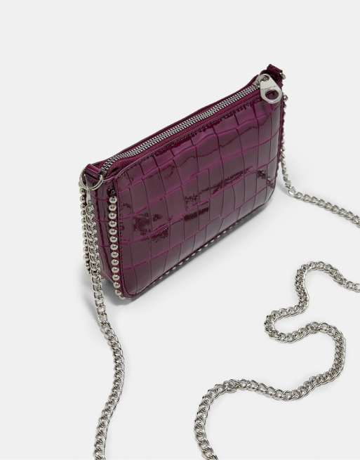 Stradivarius mini tas met croco-reliëf in fuchsia, 4 van 4