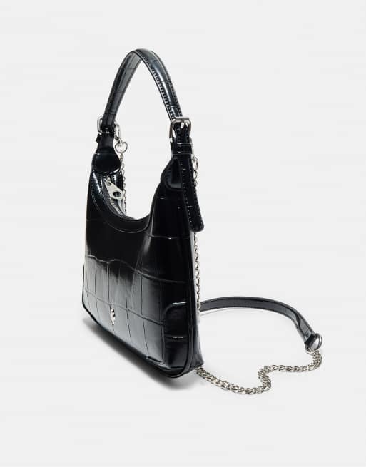 Stradivarius Mini-Umhängetasche mit Kettenriemen in Schwarz in Kroko-Optik, 4 von 4