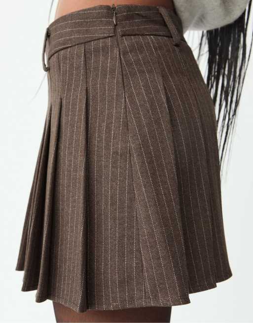 Stradivarius - Minigonna marrone a righe con pieghe a cannoncino, 3 di 3