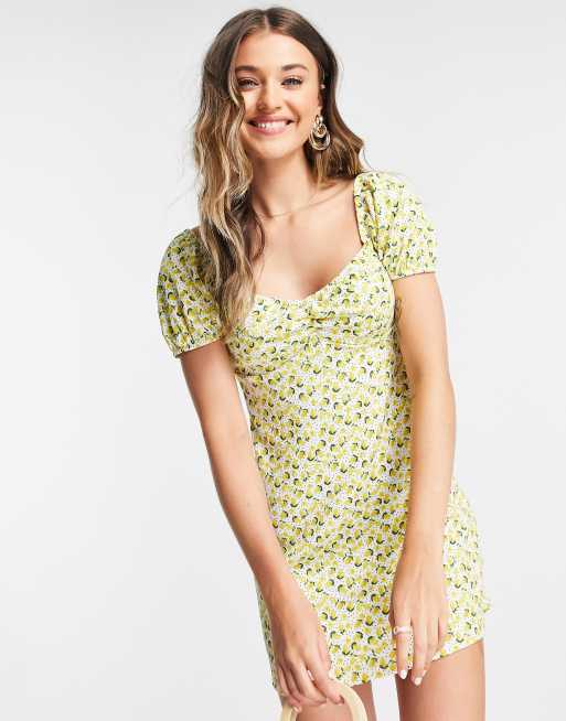 Stradivarius – Minikleid im Milchmädchen-Stil mit Zitronenmuster