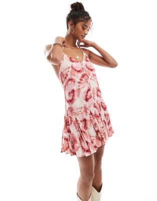 Stradivarius - Minikleid mit Batikmuster, Riemchenträgern und Schmuckperlen-Bunt