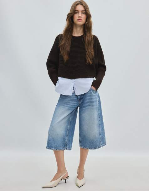 Stradivarius Mixed-fabric batwing knit jumper in brown - view 1