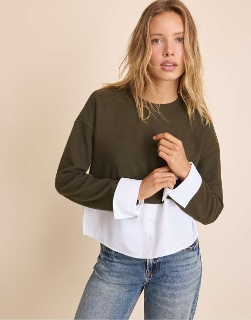 Stradivarius Mixed fabric jumper in khaki, 2 of 7