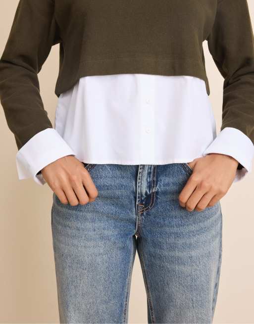 Stradivarius Mixed fabric jumper in khaki, 4 of 7