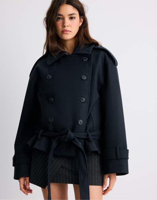 Stradivarius mjuk trenchcoat i oversize i mörkblått, 5 av 7