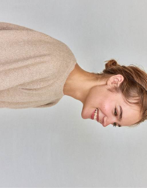 Stradivarius mjukstickad tröja med puffärmar i beige, 4 av 7