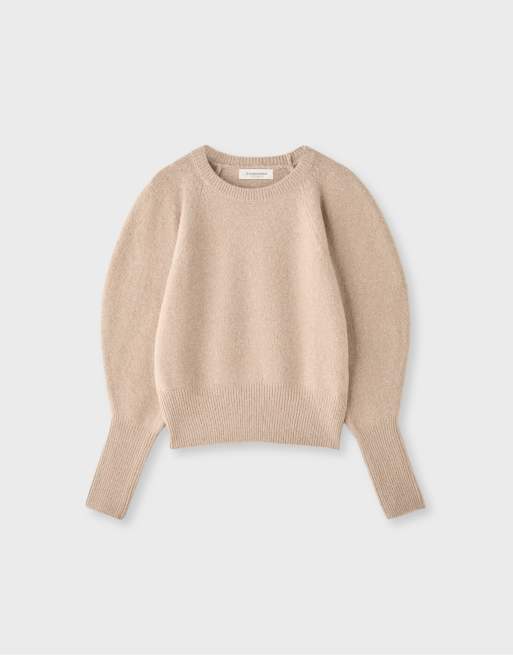 Stradivarius mjukstickad tröja med puffärmar i beige, 6 av 7
