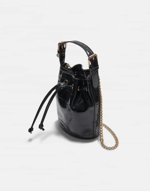 Stradivarius Mock-croc bucket bag in black, 4 of 4