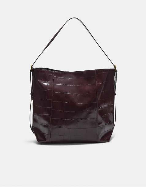 Stradivarius Mock croc bucket bag in burgundy - view 1