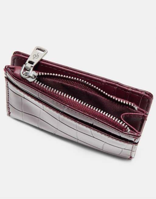 Stradivarius Mock croc card holder purse in burgundy, 2 of 4