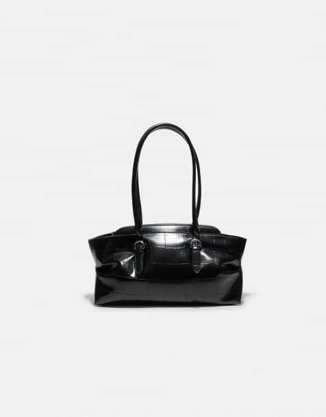 Stradivarius Mock croc city bag with buckles in black - view 1