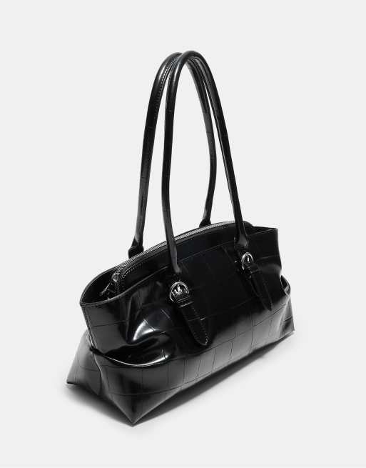Stradivarius Mock croc city bag with buckles in black, 4 of 4