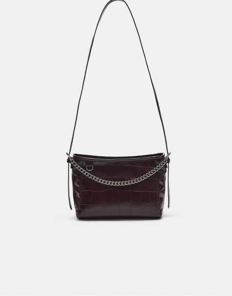 Stradivarius Mock croc crossbody bag with chain in burgundy - view 1