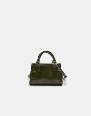 Stradivarius Mock croc mini tote bag in khaki-Green