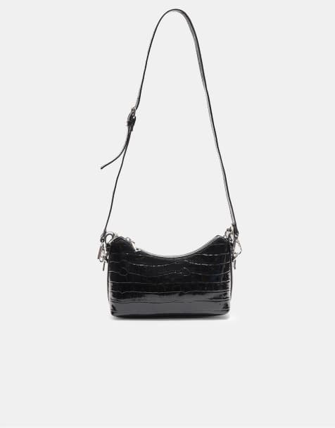 Stradivarius Mock croc moon crossbody bag with chain in black - view 1