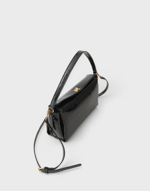 Stradivarius Mock croc shoulder bag in black, 2 of 3