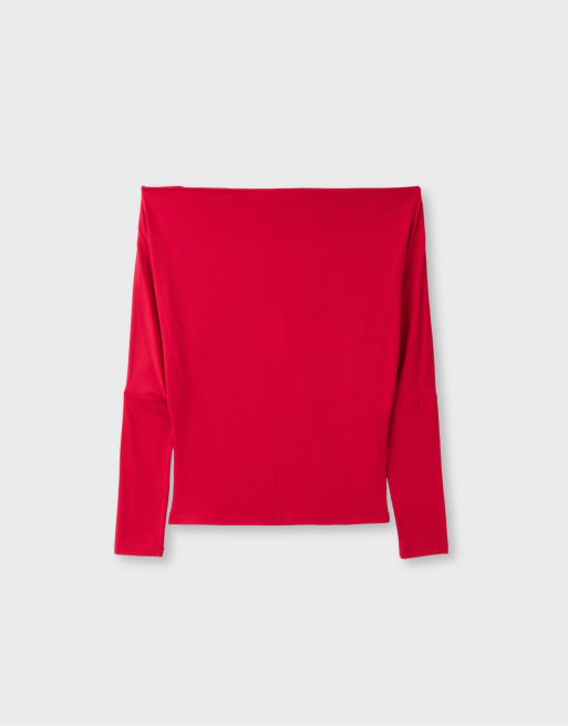 Stradivarius modal asymmetrisk t-shirt i mörkröd, 7 av 7
