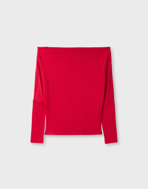 Stradivarius modal asymmetrisk T-shirt i mørkerød, 6 af 7