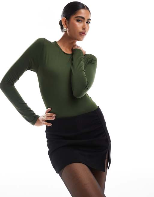 Stradivarius – Modelujące body z długim rękawem w kolorze khaki