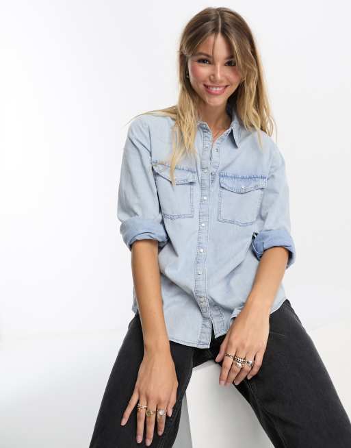 Stradivarius - Mom-denimskjorte i afbleget vask 