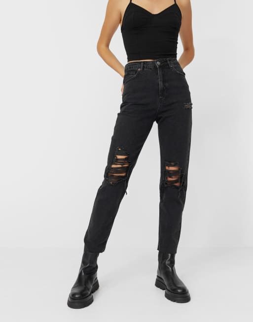 Black high rise mom fit ripped jeans top