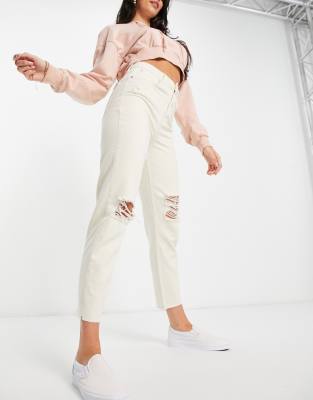 Stradivarius mom jean with rips in ecru - ASOS Price Checker