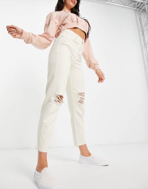 Stradivarius - Mom jeans écru con strappi