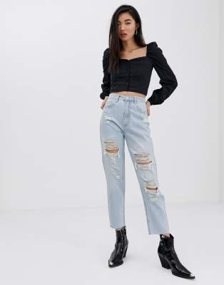 Stradivarius - Mom jeans met scheuren in blauw | ASOS