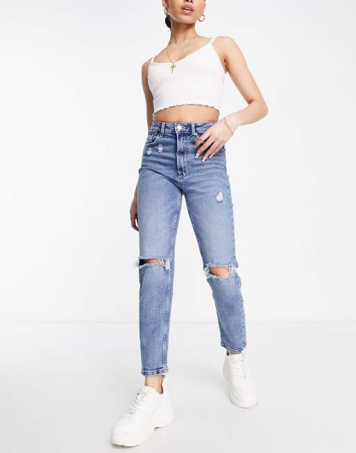 Stradivarius – Mom-Jeans mit schmalem Schnitt, Stretchanteil und Zierrissen in authentischem Blau , 4 von 4