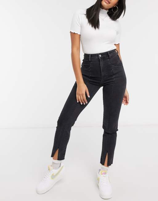 Stradivarius - Mom jeans neri stretch con spacchi sul davanti 