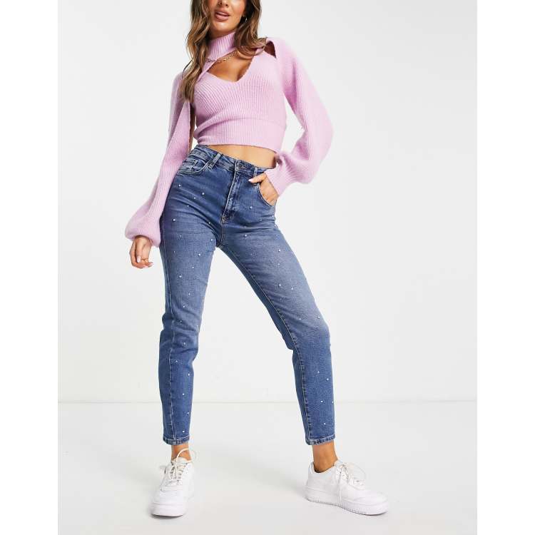 Stradivarius Mom jeans slim elasticizzati con strass colore blu