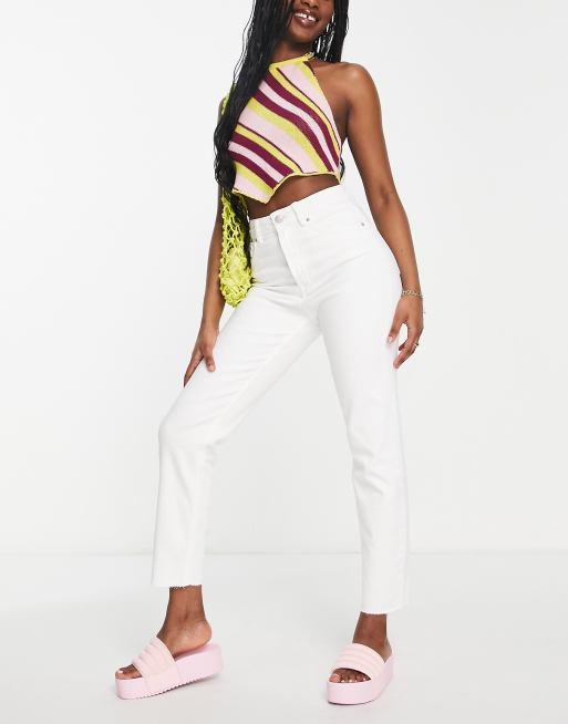 Stradivarius - Mom jeans slim in cotone elasticizzato bianchi - CREAM