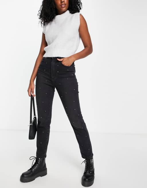 Stradivarius - Mom jeans slim stretch neri con strass 