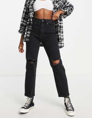 Stradivarius Mom Jeans Slim Stretch Nero Slavato Con Strappi Stradivarius NO
