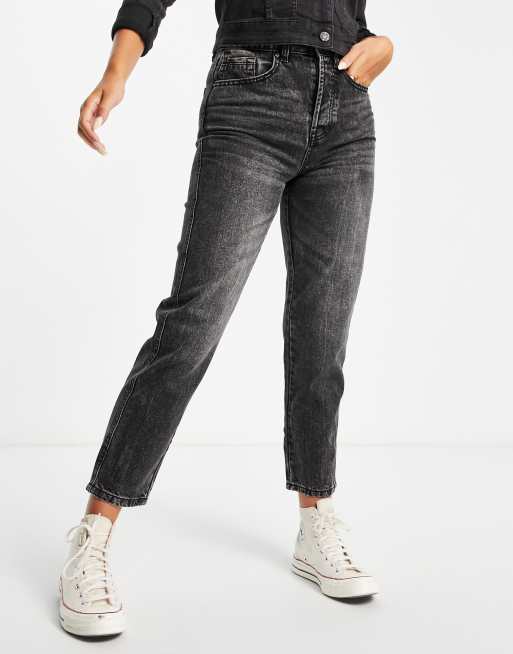 Stradivarius - Mom jeans vintage in cotone lavaggio grigio - GREY