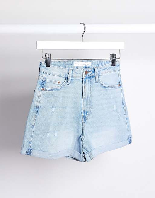Stradivarius mom slim short with stretch in medium blue wash | ASOS