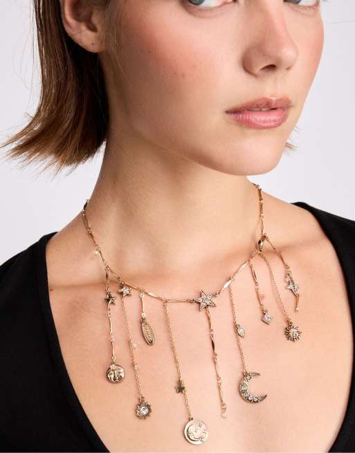 Stradivarius Moon and star multi-charm necklace in gold, 2 of 4