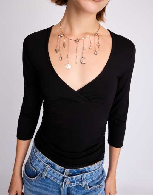 Stradivarius Moon and star multi-charm necklace in gold, 3 of 4