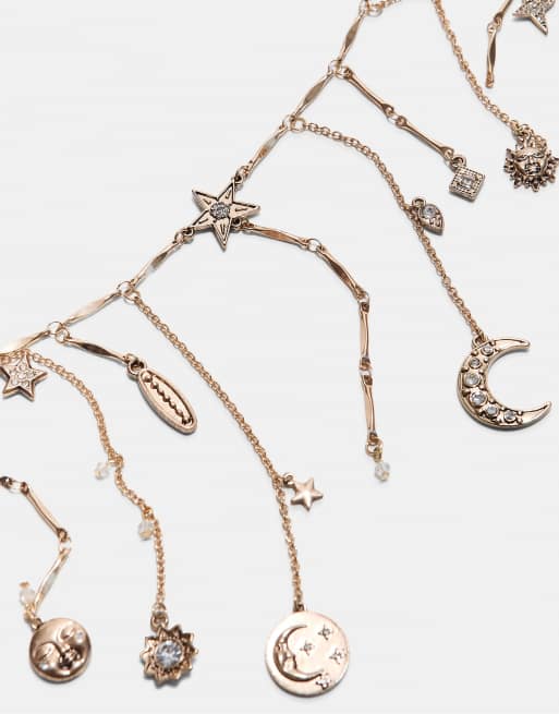Stradivarius Moon and star multi-charm necklace in gold, 4 of 4