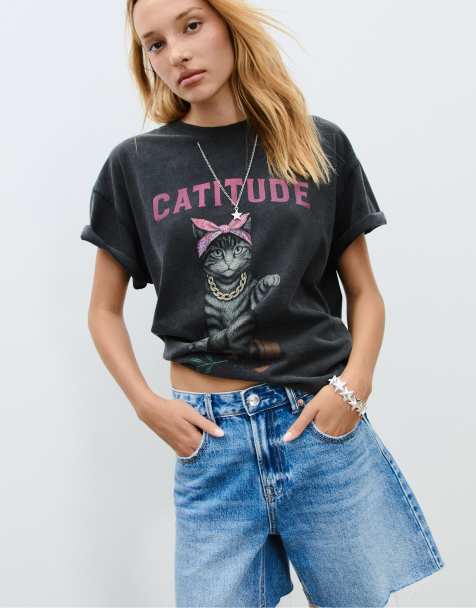 Stradivarius – Mörkgrå t-shirt med applicerat Catitude-tryck - view 1