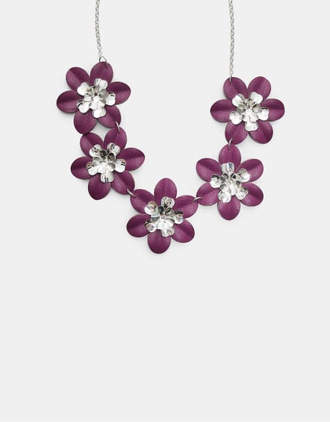 Stradivarius – Mörklila halsband med blommor i kontrastfärger och lädereffekt - view 1