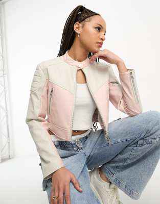 Stradivarius motocross miami pink and white faux leather jacket ASOS